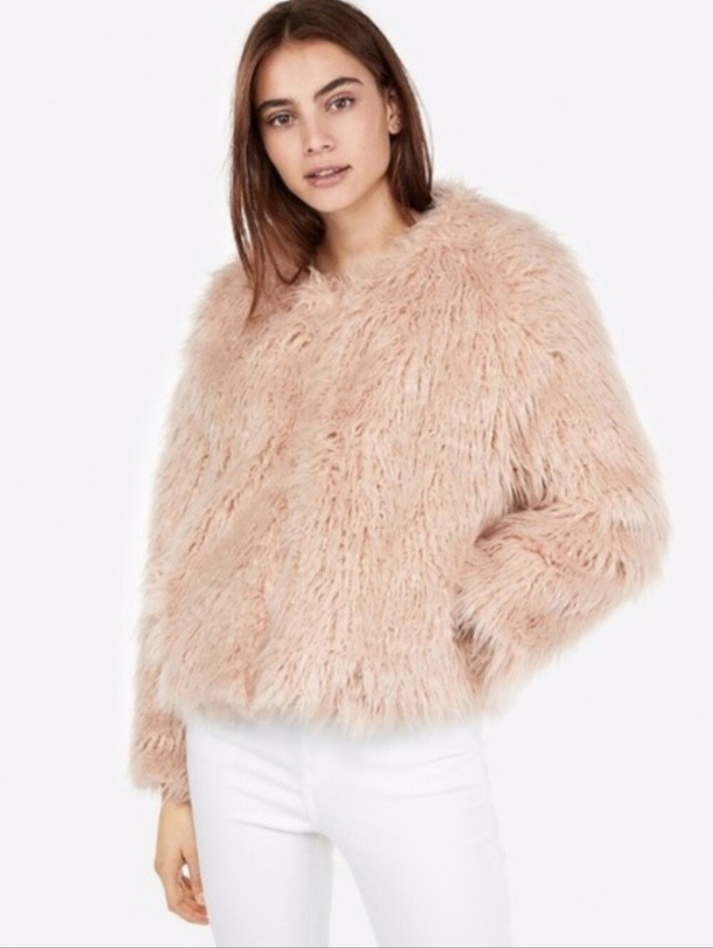 Express Shaggy Faux Fur Jacket Cropped Fluffy Pink Beige Women's Size XS
